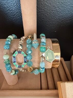 Multi-Stack Aqua Beaded Charm Bracelet Set